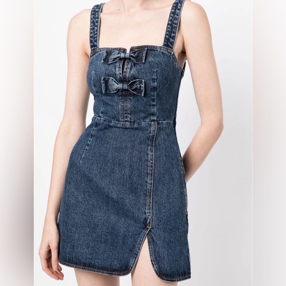 Self-Portrait bow-detailing denim mini dress